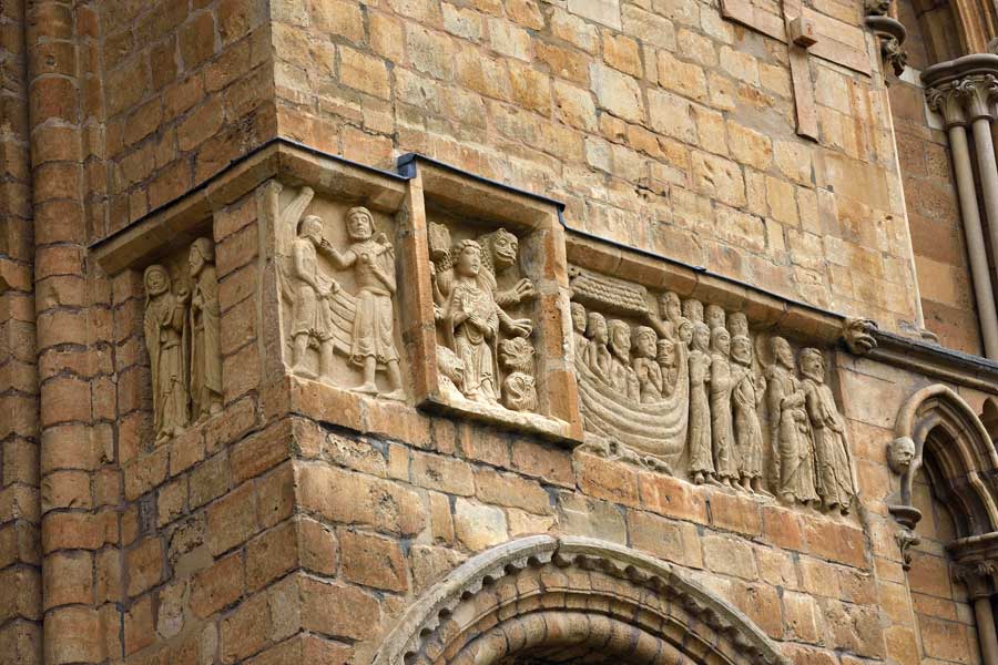 Romanesque frieze on west facade of Lincoln Cathedral, Lincoln, England