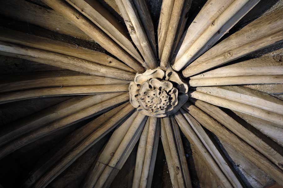 Rose shaped ceiling boss in the tower at Gainsborough Old Hall, Lincolnshire, UK