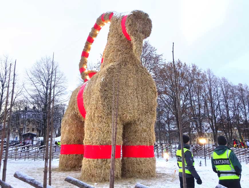 The Gävle Goat. A large Gävlebocken or Yule Goat made of straw