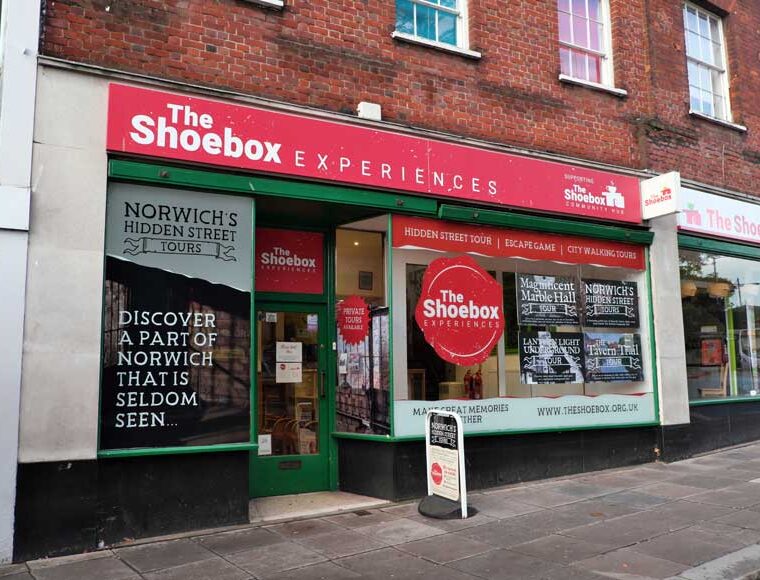 Exterior of The Shoebox Experience shop in Castle Meadow, Norwich, Norfolk UK