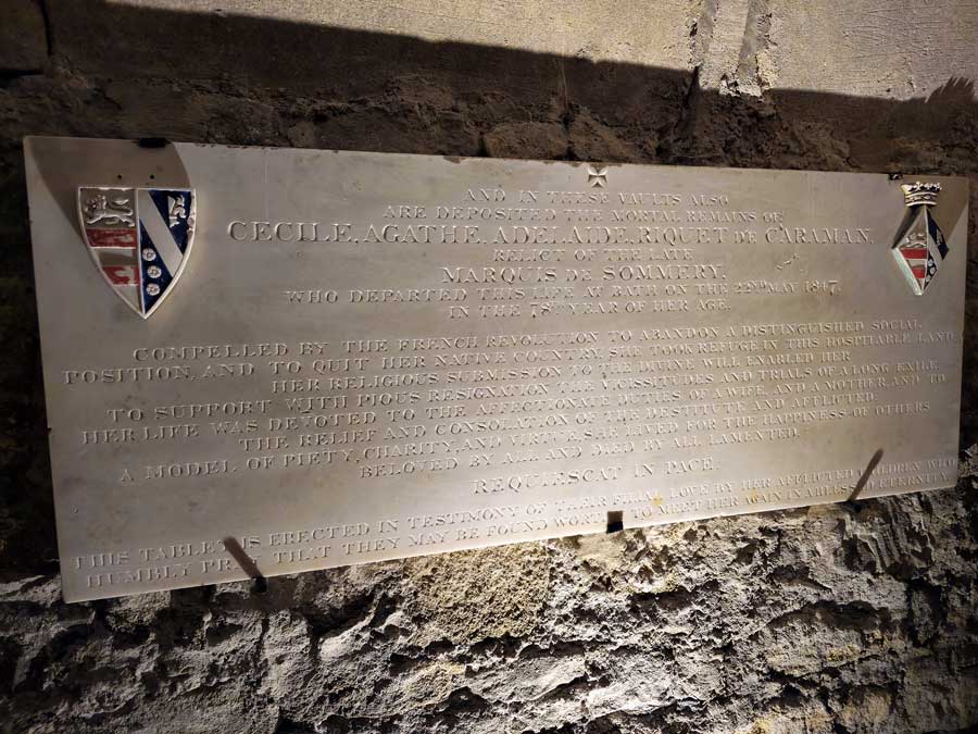Burial plaque of Cecile Agathe Adelaide Riquet de Caraman, widow of Marquis de Sommery in the Masonic Hall Vaults, Bath UK