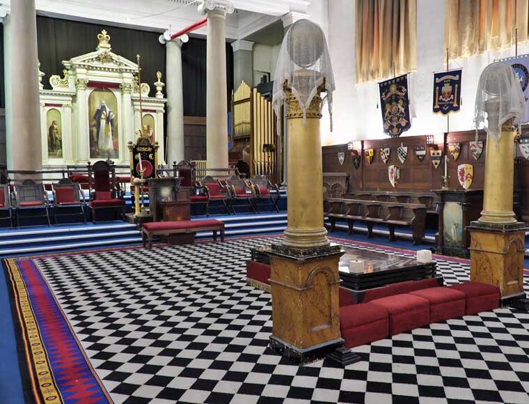 Interior of the Masonic Hall formerly The Old Theatre Royal Bath, arranged for a Masonic meeting