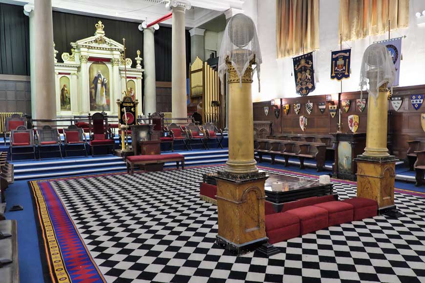 Interior of the Masonic Hall formerly The Old Theatre Royal Bath, arranged for a Masonic meeting