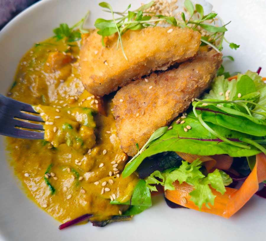 Panko breaded tofu served with katsu curry sauce