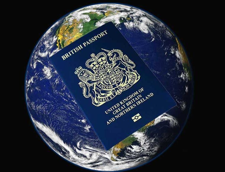 Composite image of British passport superimposed on the Earth