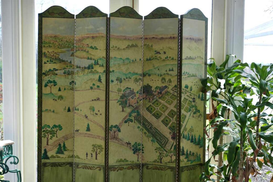 Painted folding screen showing the original Peters Estate at Belmont Mansion Philadelphia