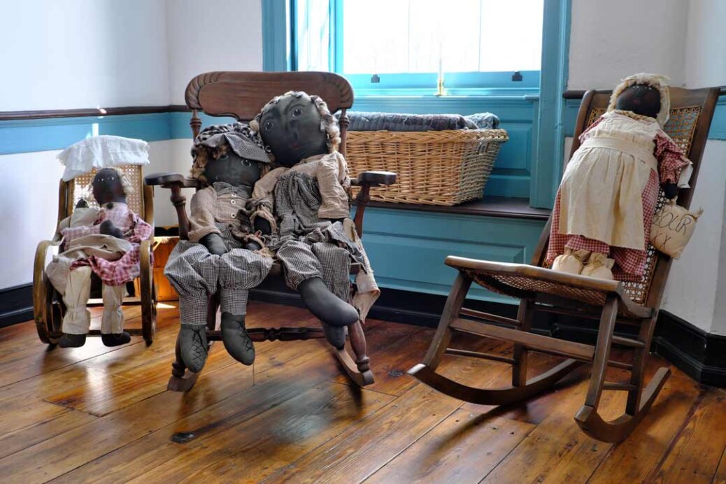 Black ragdolls in rocking chairs part of the display in the Underground Railroad Museum in Belmont Mansion Philadelphia