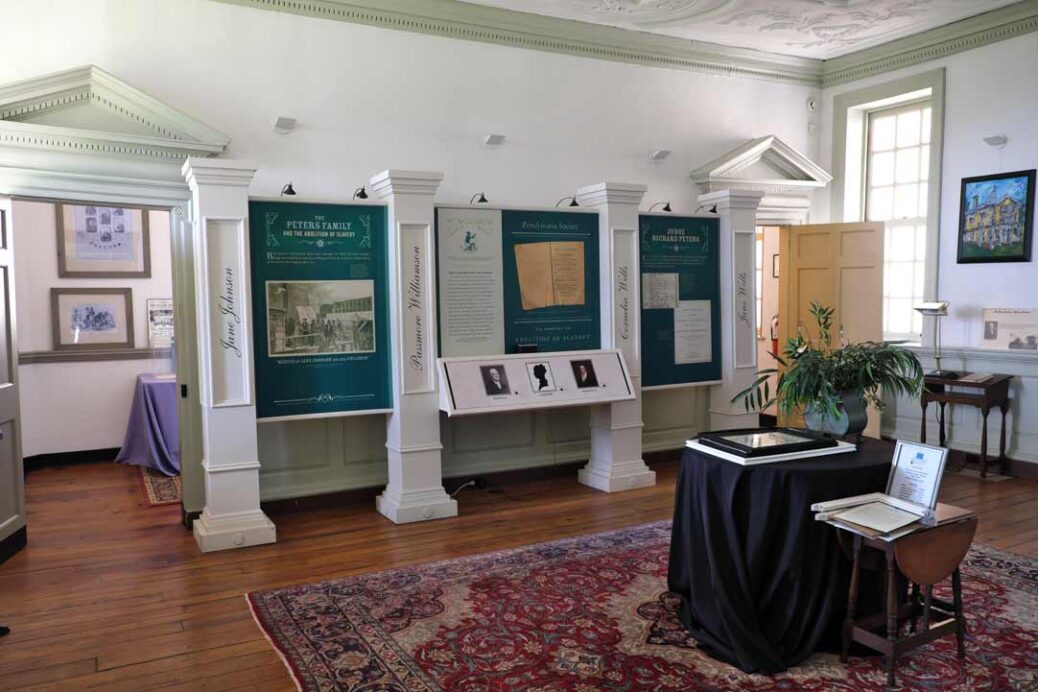 Reception room at Belmont Mansion Philadelphia with display of the Peters family history