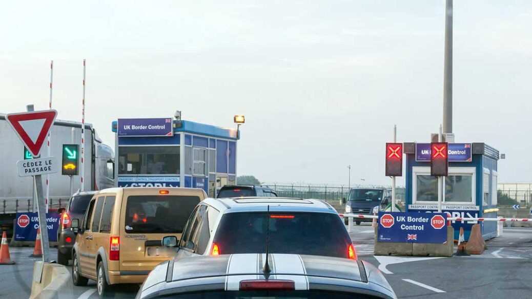 Cars queuing at UK border control in the ferry area of the Port of Dunkerque, France