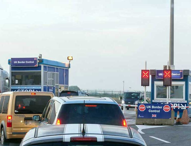 Cars queuing at UK border control in the ferry area of the Port of Dunkerque, France