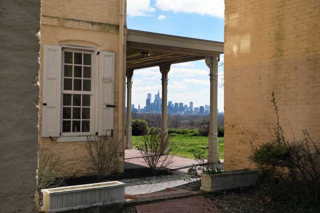 View of Philadelphia skyline from the verandah of Belmont Mansion in Fairmount Park