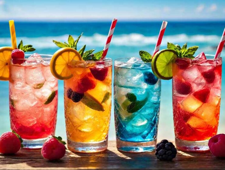 Ai generated image showing 4 cocktails in tall glasses with the sea in the background
