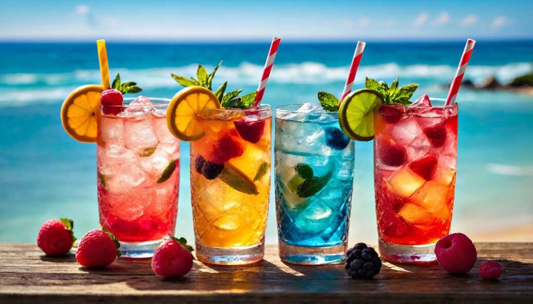 Ai generated image showing 4 cocktails in tall glasses with the sea in the background

six drink rule