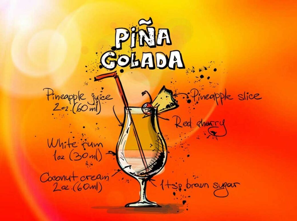 Recipe for Pina Colada printed on an orange background