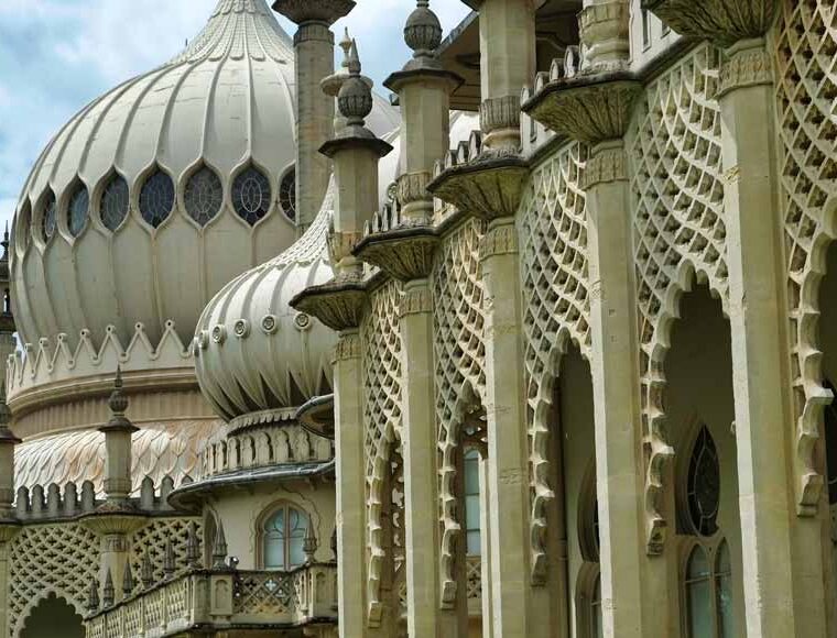 Exterior close-up of Brighton Royal Pavilion, showing domes and ornate filigree stonework