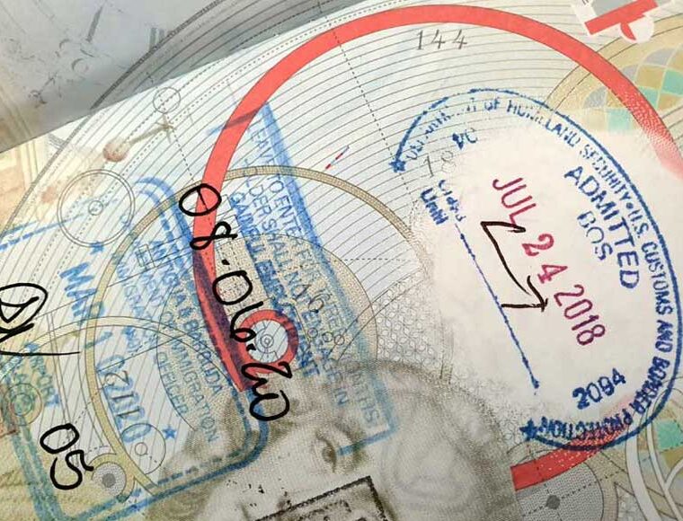 Passport pages showing entry visa stamps