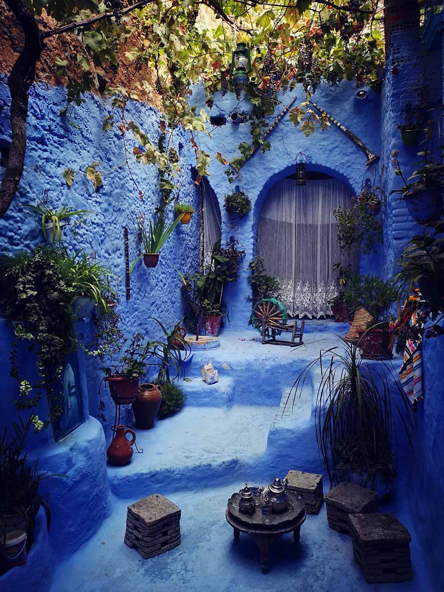 Courtyard in Chefchaouen, the blue city in Morocco