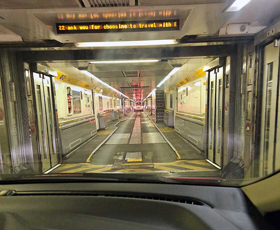 View through the car windscreen while boarding the train at Le Shuttle Folkestone UK
hassle-free European getaway
