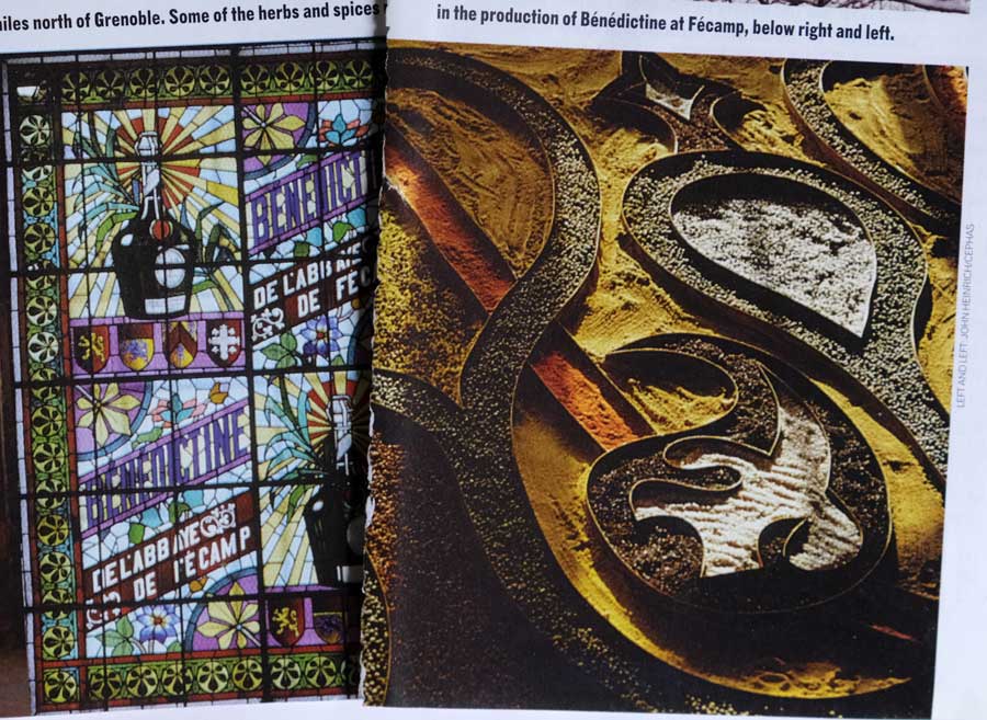 Magazine photo cuttings showing stained glass window and herbs and spices used at Palais Bénédictine distillery Fécamp Normandy France
