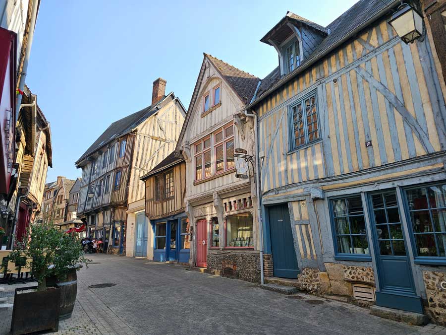 Timbered buildings on Rue Gaston Folloppe Bernay France