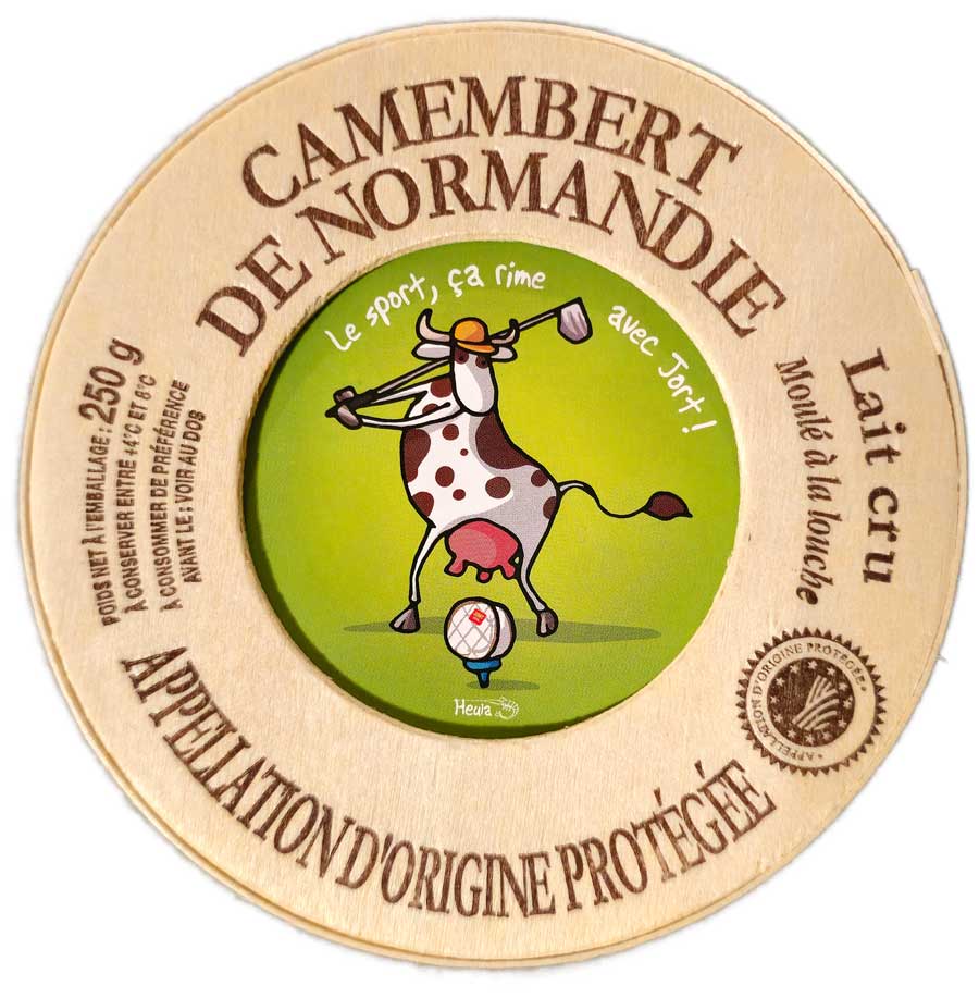 Packaging for Camembert de Normandie showing text and a cartoon image of a Normande cow playing golf