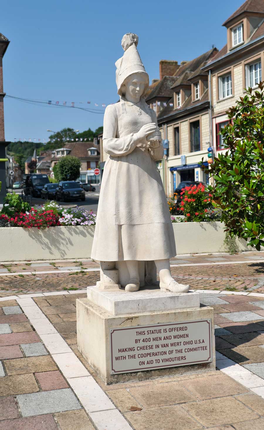 Statue of Marie Harel the inventor of Camembert in Vimoutiers Normandy France