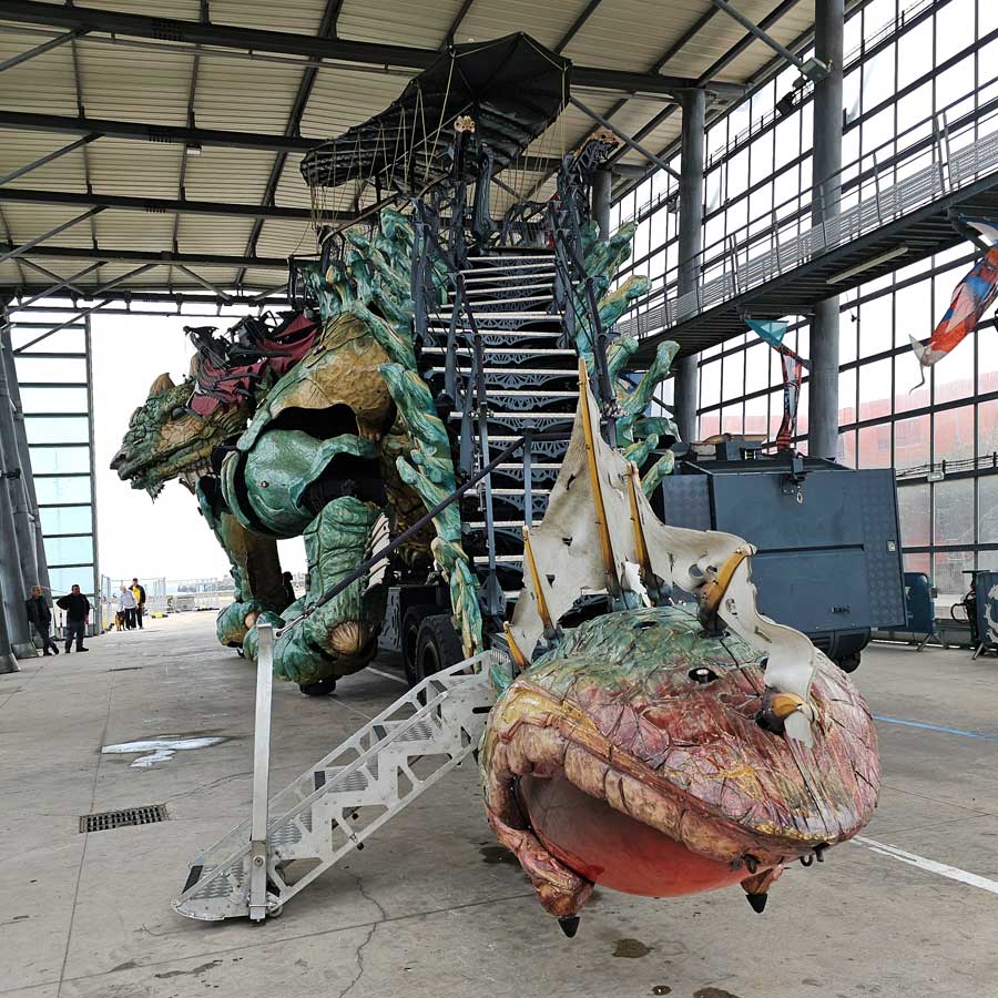 The bulbous tail and steps of the Dragon of Calais looking towards it's head