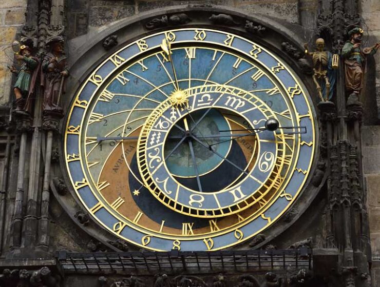 The Prague astronomical clock or Prague Orloj. A medieval astronomical clock attached to the Old Town Hall in Prague Czech Republic
