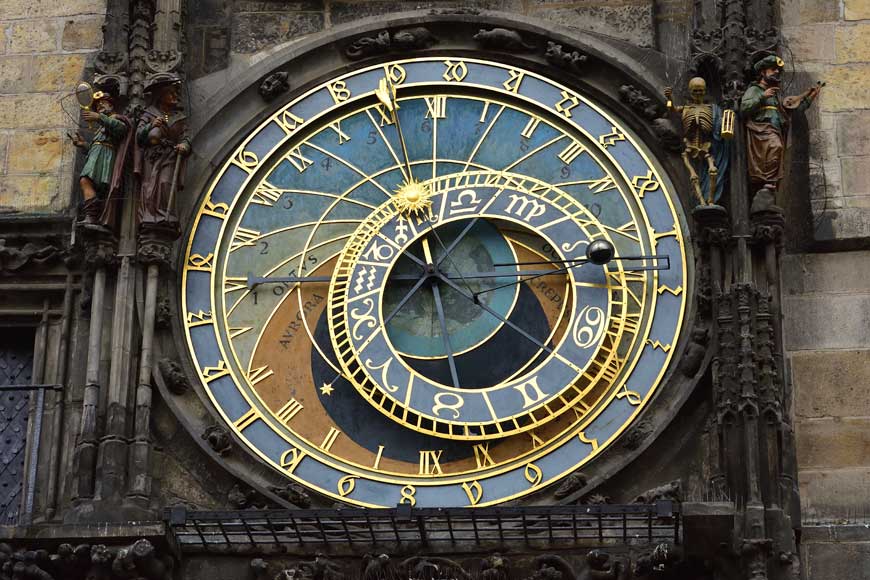 The Prague astronomical clock or Prague Orloj. A medieval astronomical clock attached to the Old Town Hall in Prague Czech Republic
