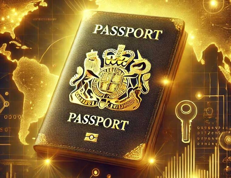 An AI artistic representation of a 'Golden Visa,' featuring a luxurious golden passport placed against a backdrop of an international map with glowing countries