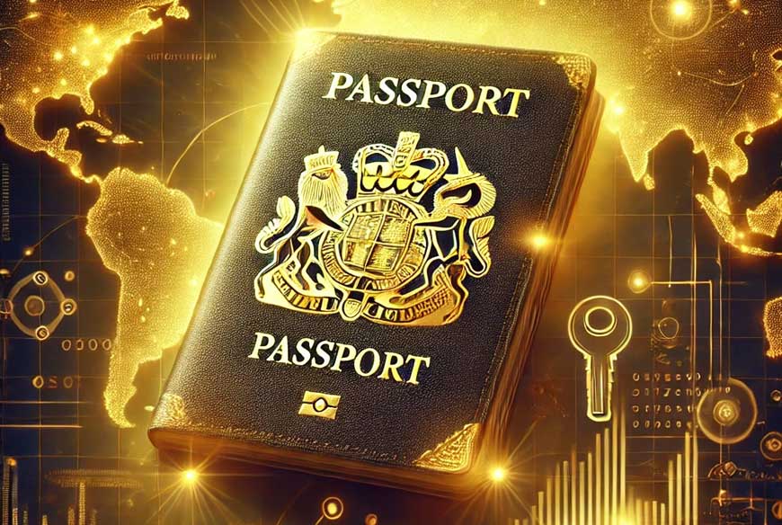 An AI artistic representation of a Golden Visa, featuring a luxurious golden passport placed against a backdrop of an international map with glowing countries