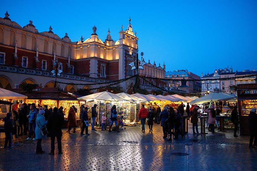 Main Market Square (Rynek Główny) in Kraków, Poland, during the Christmas market season