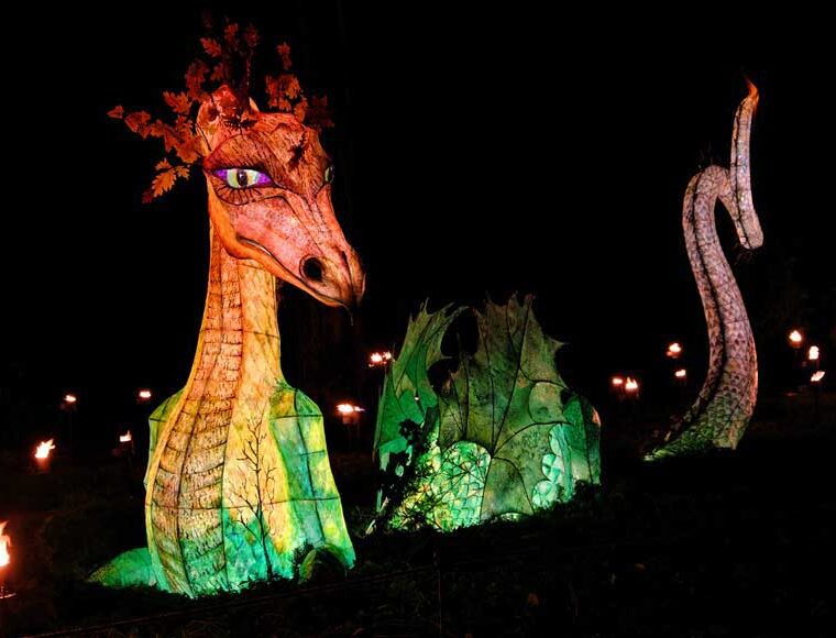 Glowing paper lantern sculpture of a dragon at Wakehurst Glow Wild 2024
