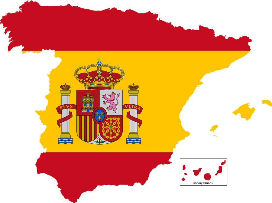 Spanish flag on map of Spain and Canary Islands outline