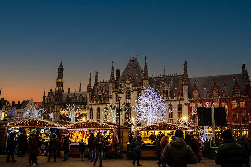 Nighttime lights at the famous winter market in Bruges