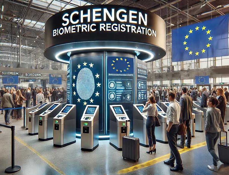 A highly realistic, photographic-quality scene of a modern European border crossing focused on biometric registration