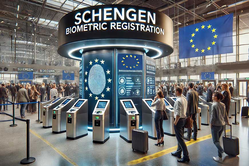 A highly realistic, photographic-quality scene of a modern European border crossing focused on biometric registration. Guide to 2025 travel