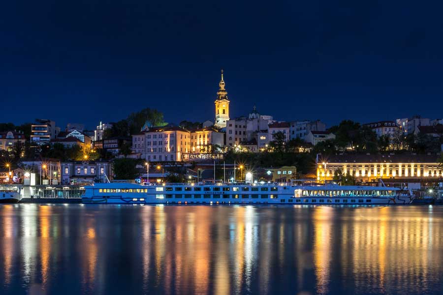 Looking across the river to Belgrade in Serbia, lit up at night