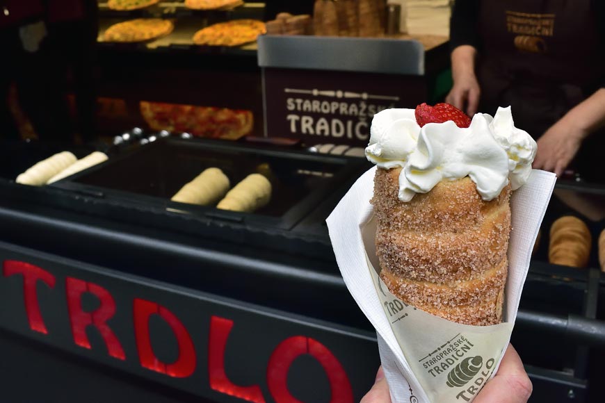 A cream filled Trdelnik or Trdlo, also known as a chimney cake, at a shop in Prague the Czech Republic