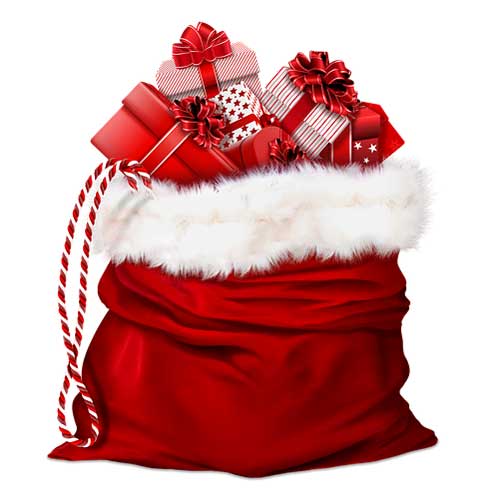 Red sack with white trim, filled with presents