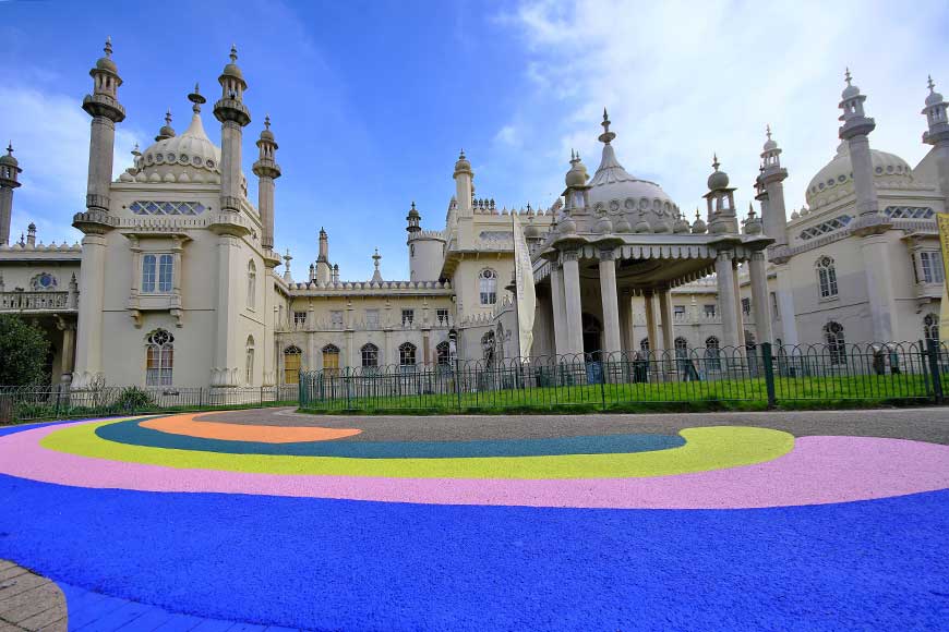 The rainbow painted footpath leading to the Brighton Royal Pavilion