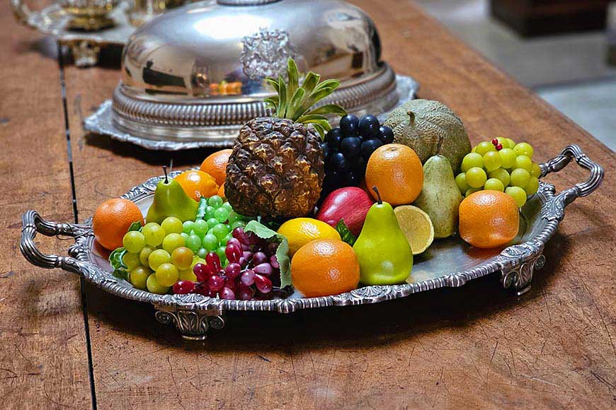 Replica fruit on a silver platter at the Royal Pavilion Brighton