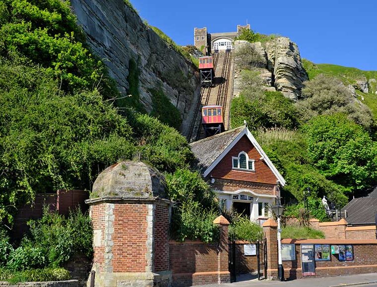 East Hill lift, showing the red funicular railway cars