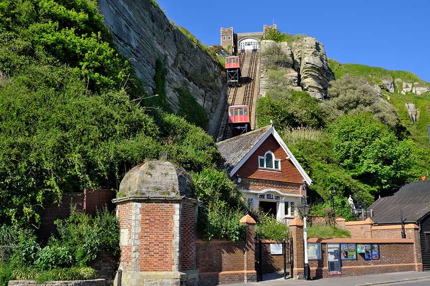 East Hill lift, showing the red funicular railway cars
