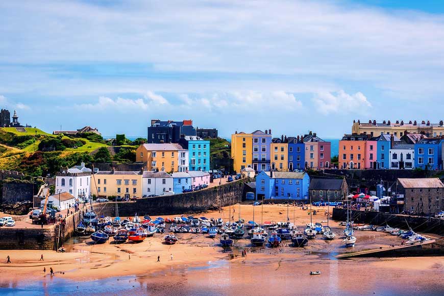 The bright-coloured houses overlooking the harbour at Tenby