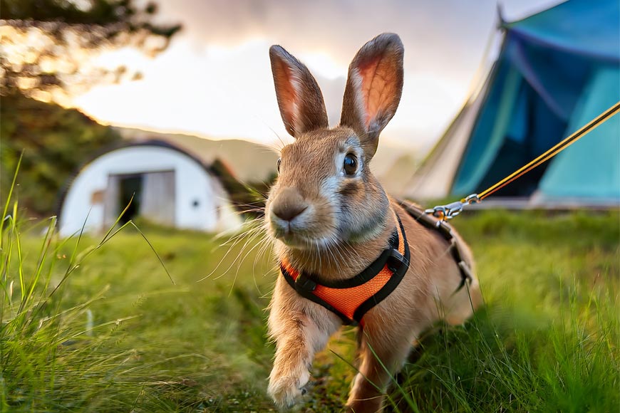 AI generated close up image of a rabbit wearing a harness and lead being taken for a walk through the grass at a campsite with tents in the background