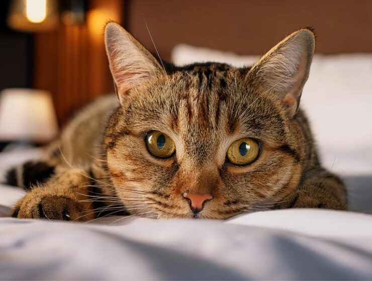 AI generated close up image of a tabby cat lying on a hotel bed