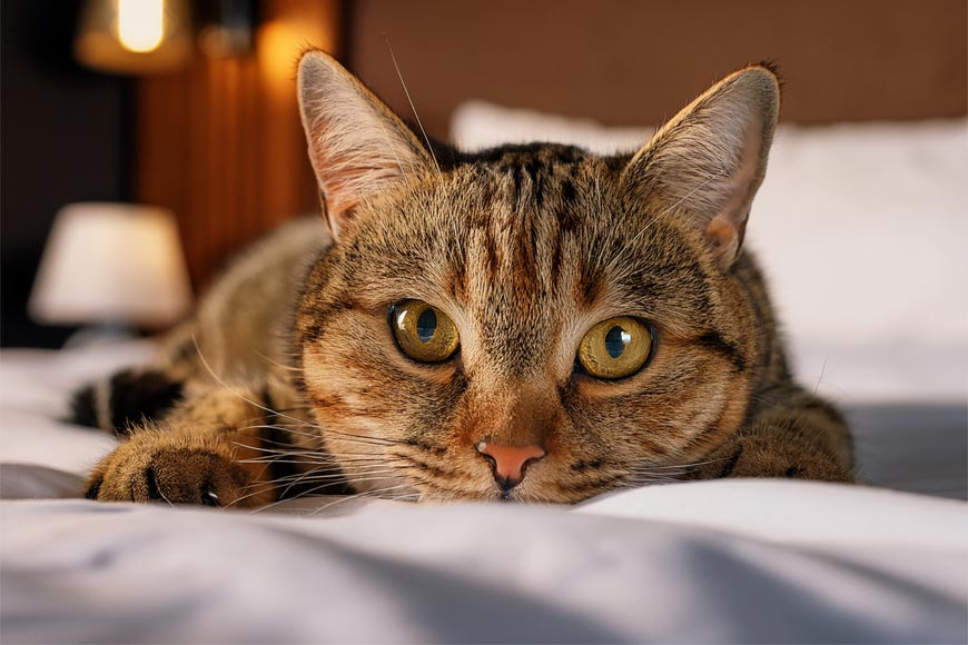 AI generated close up image of a tabby cat lying on a hotel bed