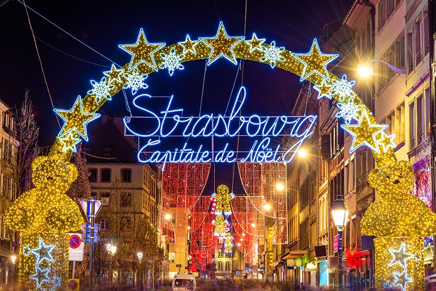 Entrance to the city centre of Strasbourg at Christmas time