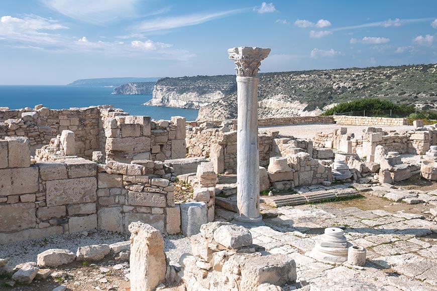 Remains of ancient buildings at Kourion archaeological site dominating the Mediterranean Sea in Episkopi, Cyprus, Limassol District
